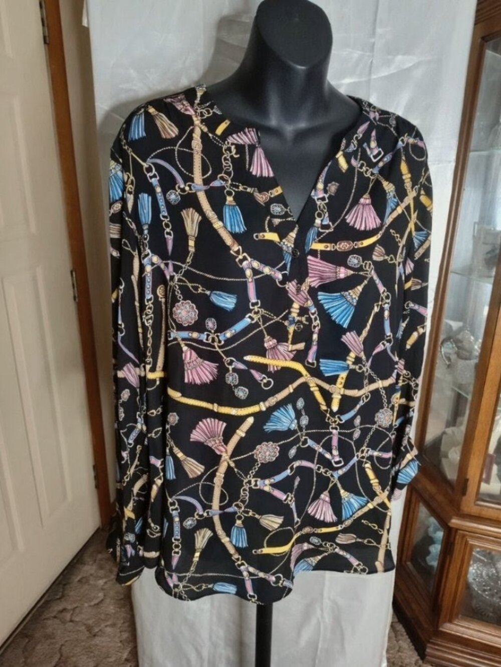 Zac & Rachel Long 3/4 Sleeve Blouse Top Black Belt Tassel Design Size XL
